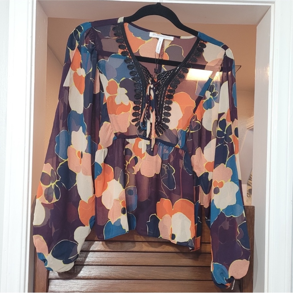 NEW BCBGeneration bishop sleeve multicolored top lace embroidery tie closure
